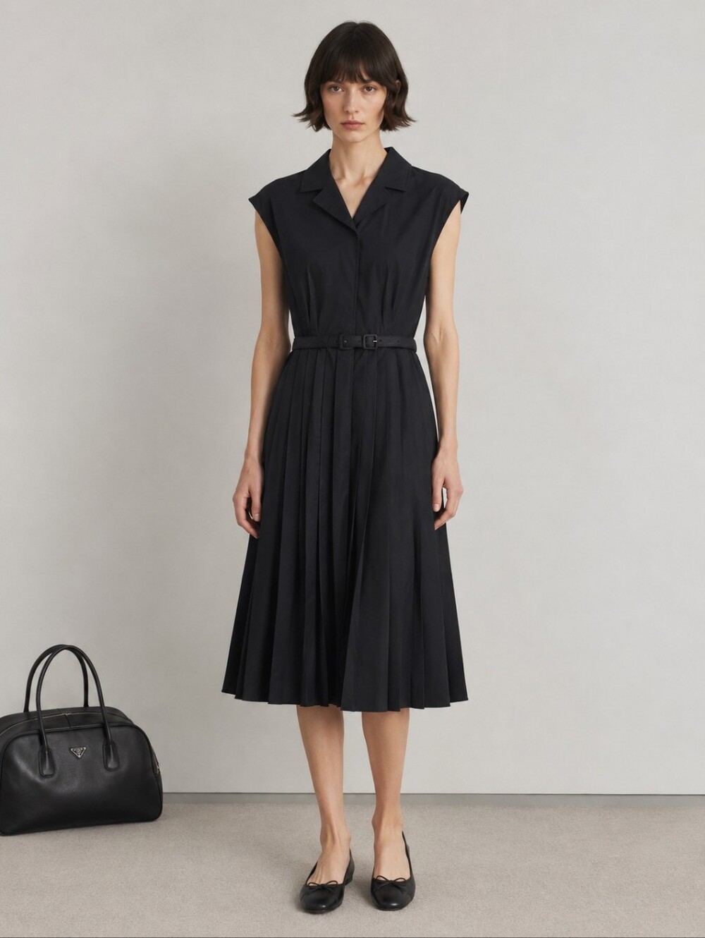PRADA Black Pleated Belted Midi Dress EU Sz 38